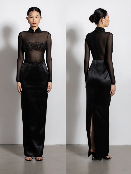 sau lee Dresses & Skirts - Sau Lee Po Gown Black Sheer Beaded Long Sleeve Dress Size 2 NEW! New With tags!